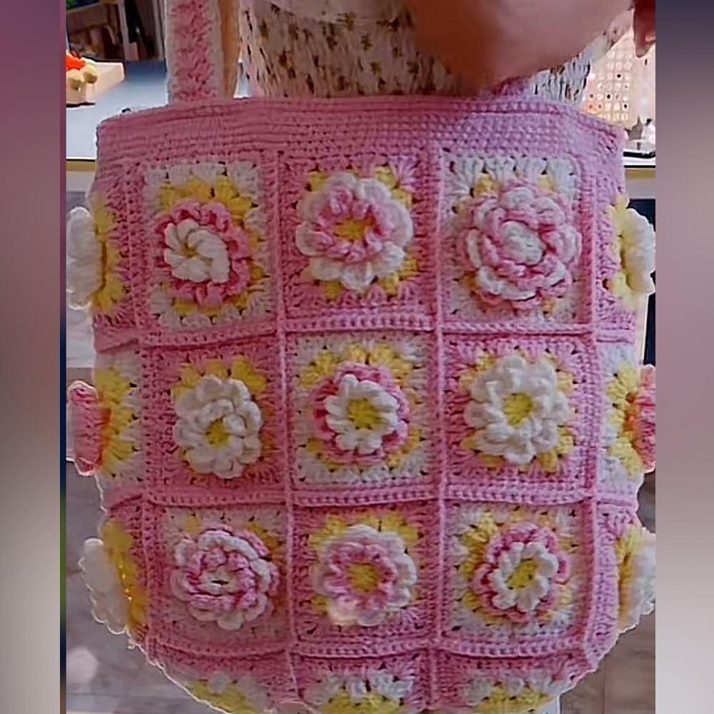 Pink Floral Crochet Tote Bag